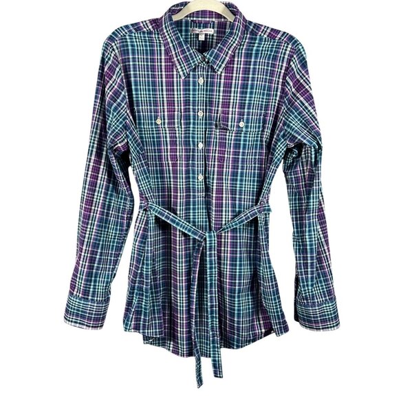 Peter Millar Tops - Peter Millar Women's XL Plaid Stretch Button-Up Shirt Tie Belt Roll tab Sleeves